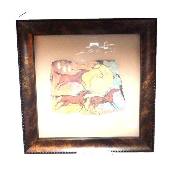 Ginny Hogan Framed Wild Red Horses and Bull Shamanic Art Sante Fe Petroyglyph - Picture 1 of 7